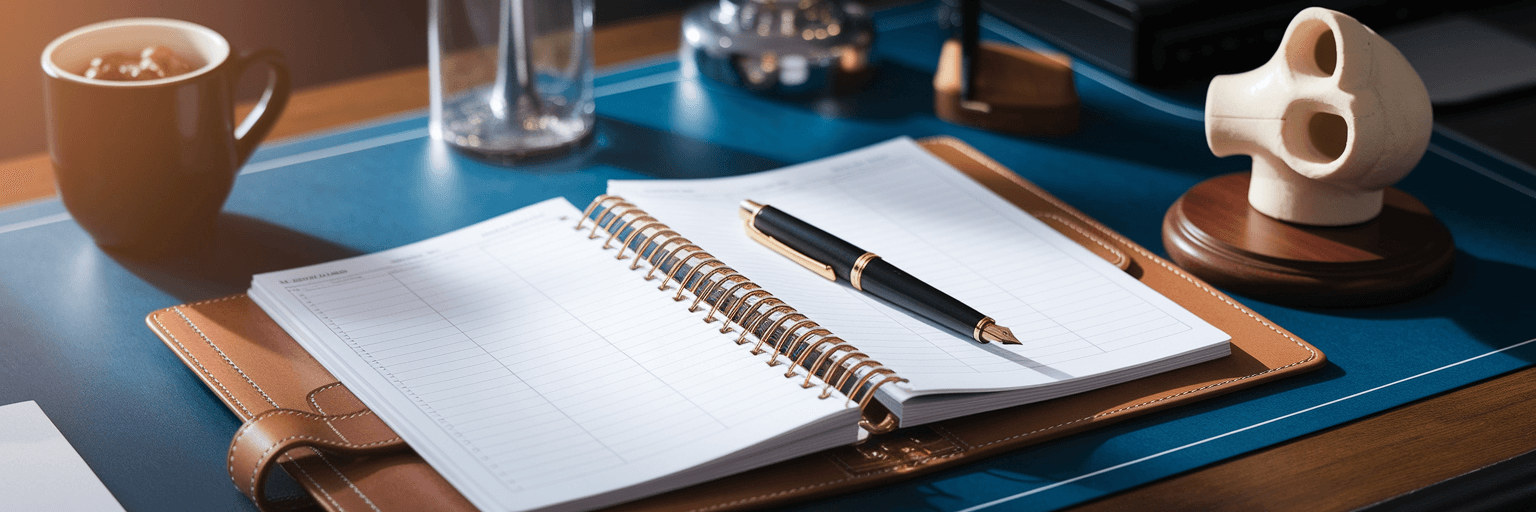 Surgeon's desk with planner and knee model.